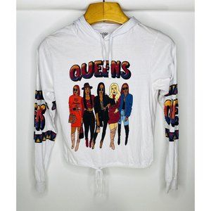On Fire QUEENS Womens Hoodie Shirt Sz XL White Tie Waist Graphic Print Front Slv